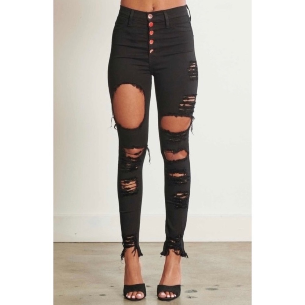 Black Rose Gold Button Up Distressed Skinny Jeans - Picture 4 of 8